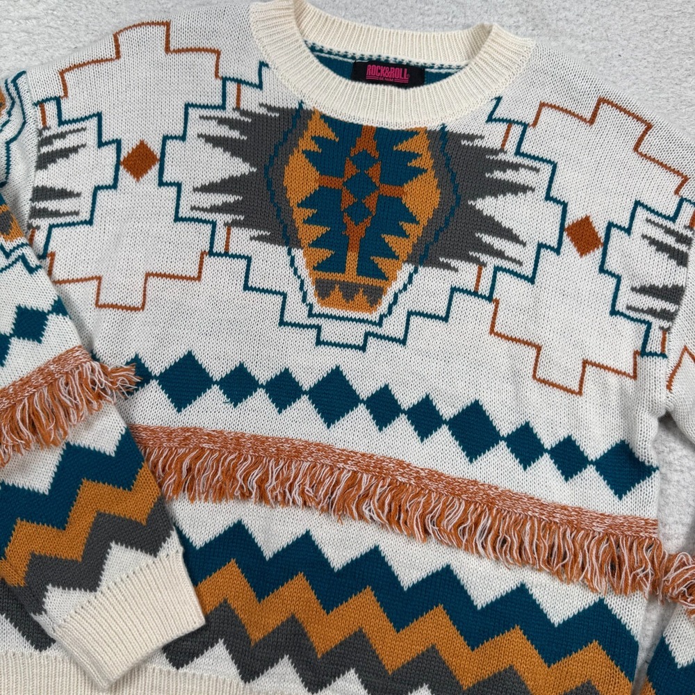 Rock & Roll Denim Southwest Aztec Fringe Sweater M Western Boho Rodeo Cowgirl